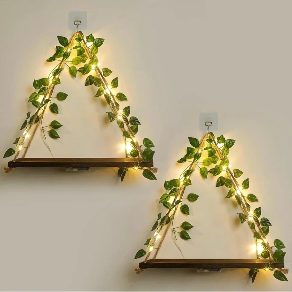 Triangle Floating Shelves with Green Leaves and LED Lights. (No Drilling)